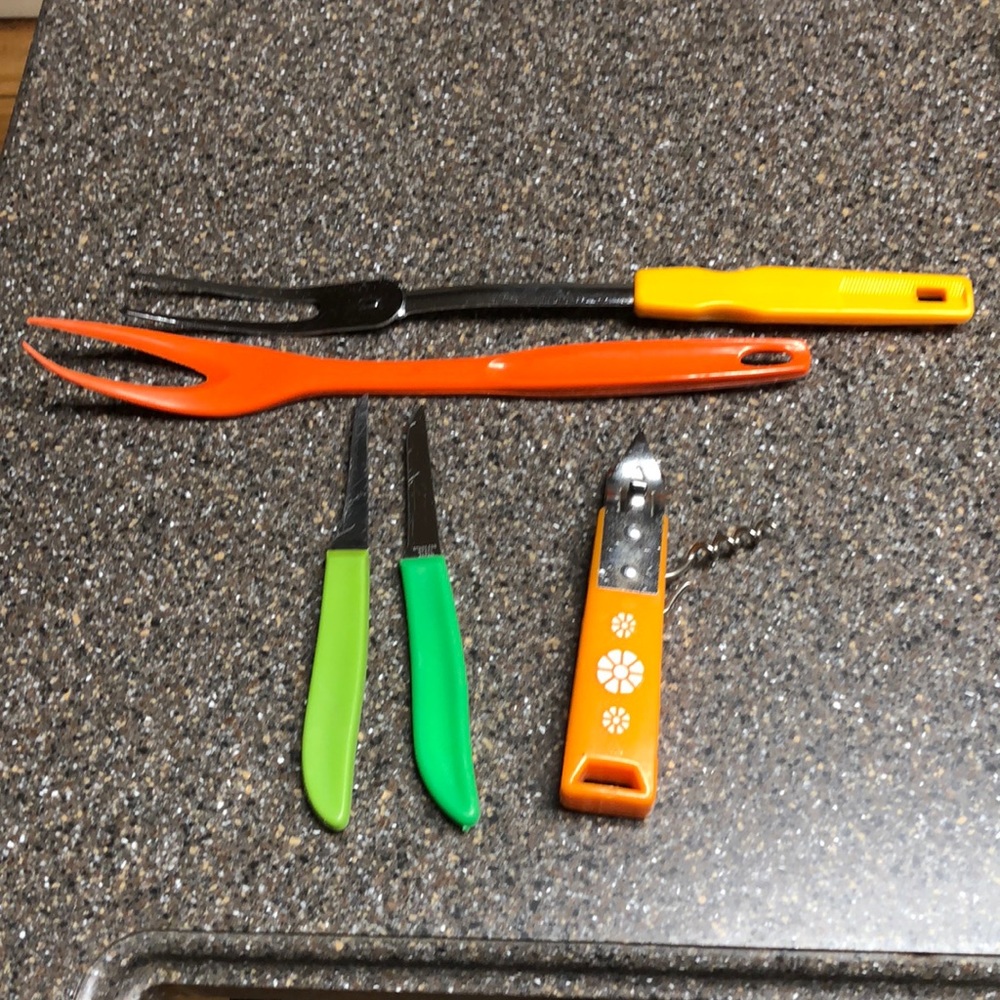Vintage retro utensils plum flower Foley orange green yellow